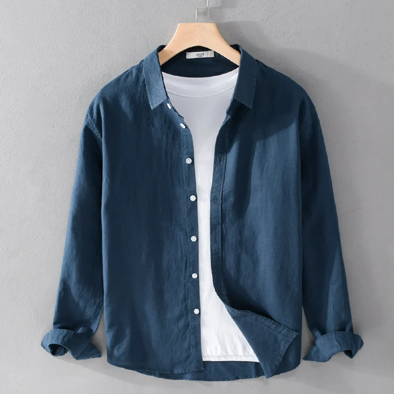 Herren Leinenmix-Layering-Overshirt mit Kentkragen, gerundetem Saum und Soft‑Touch Drune