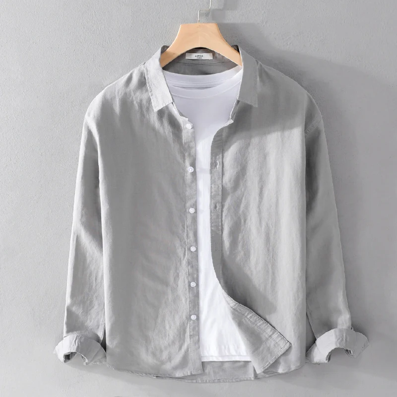 Herren Leinenmix-Layering-Overshirt mit Kentkragen, gerundetem Saum und Soft‑Touch Drune