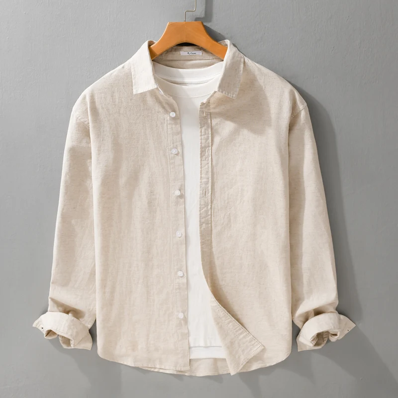 Herren Leinenmix-Layering-Overshirt mit Kentkragen, gerundetem Saum und Soft‑Touch Drune