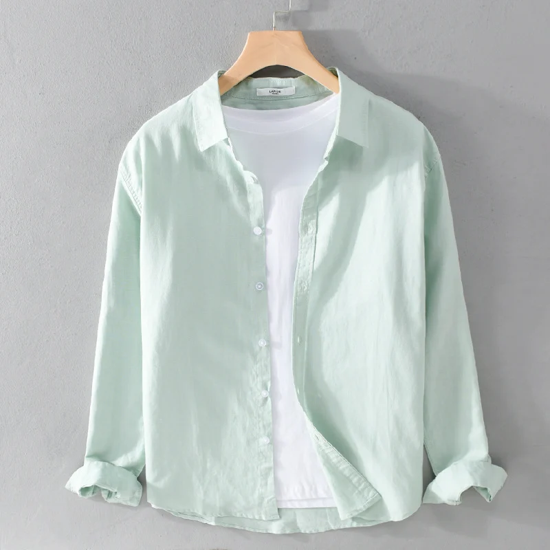 Herren Leinenmix-Layering-Overshirt mit Kentkragen, gerundetem Saum und Soft‑Touch Drune