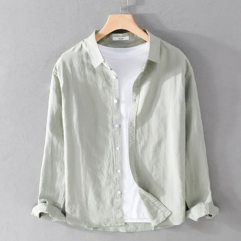 Herren Leinenmix-Layering-Overshirt mit Kentkragen, gerundetem Saum und Soft‑Touch Drune