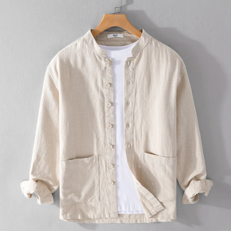 Herren Leinenjacke mit Stehkragen und aufgesetzten Taschen Drune