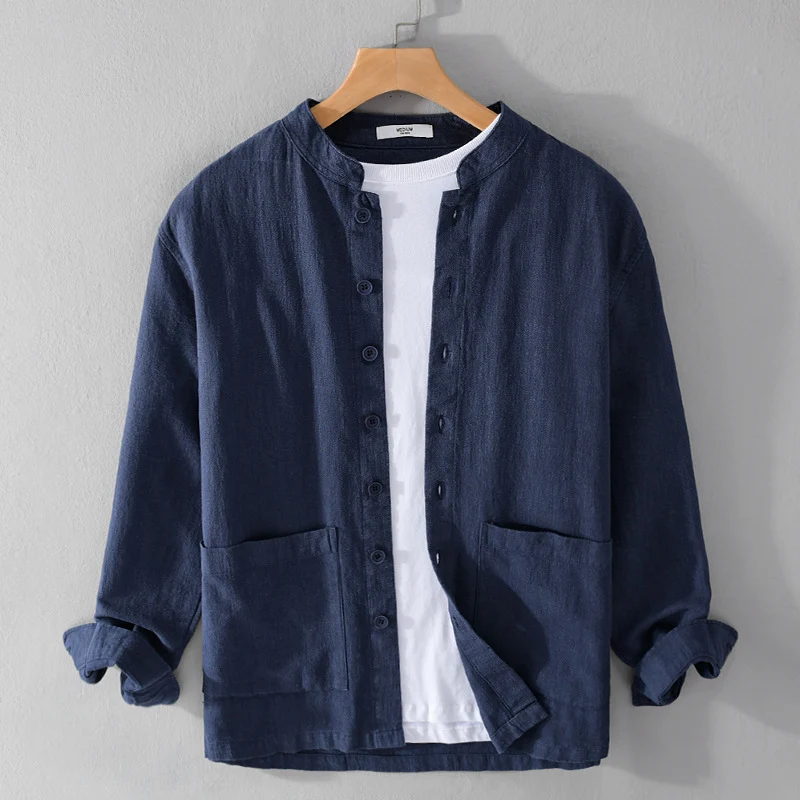 Herren Leinenjacke mit Stehkragen und aufgesetzten Taschen Drune