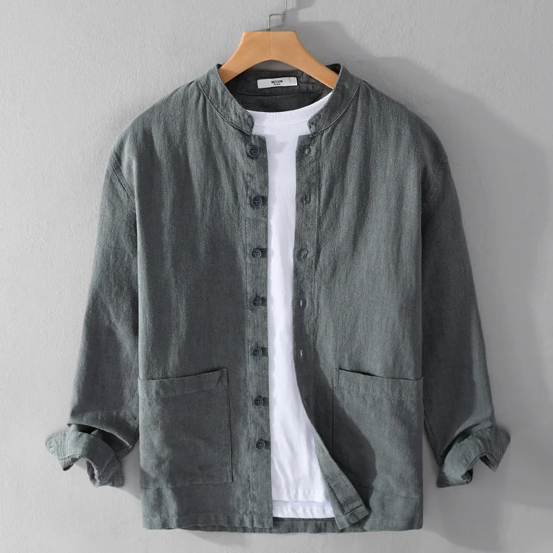 Herren Leinenjacke mit Stehkragen und aufgesetzten Taschen Drune