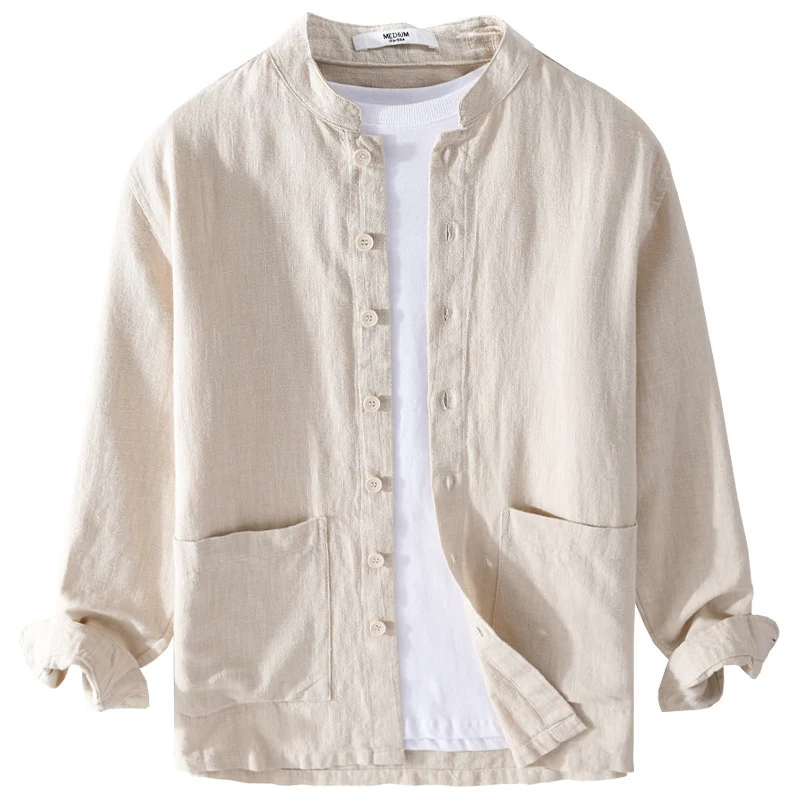 Herren Leinenjacke mit Stehkragen und aufgesetzten Taschen Drune