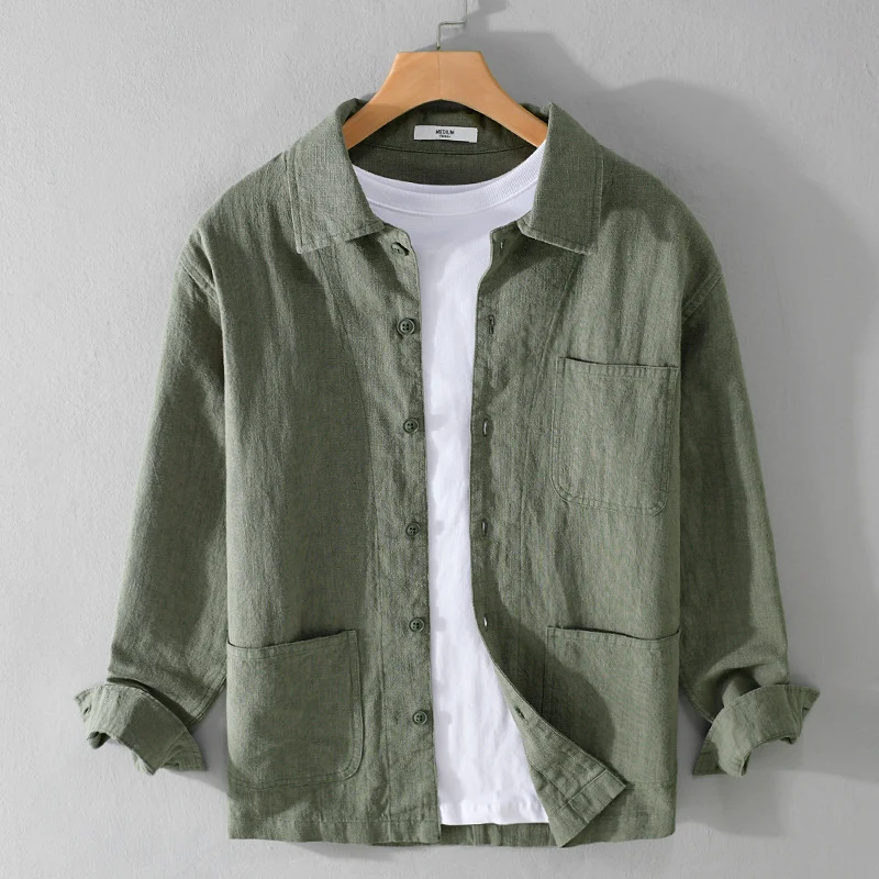 Herren Leinenhemdjacke mit aufgesetzten Taschen und legerer Passform Drune