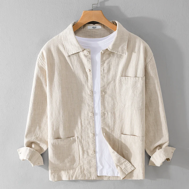 Herren Leinenhemdjacke mit aufgesetzten Taschen und legerer Passform Drune