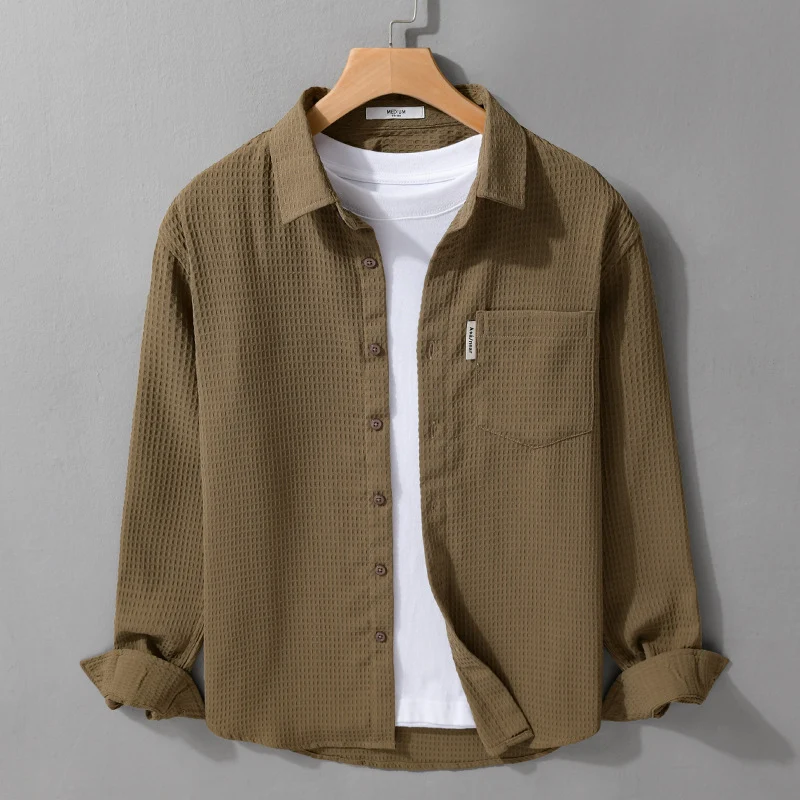 Herren Leichtes Waffelstruktur-Hemd aus Baumwollmix mit Overshirt-Schnitt und Brusttasche Drune