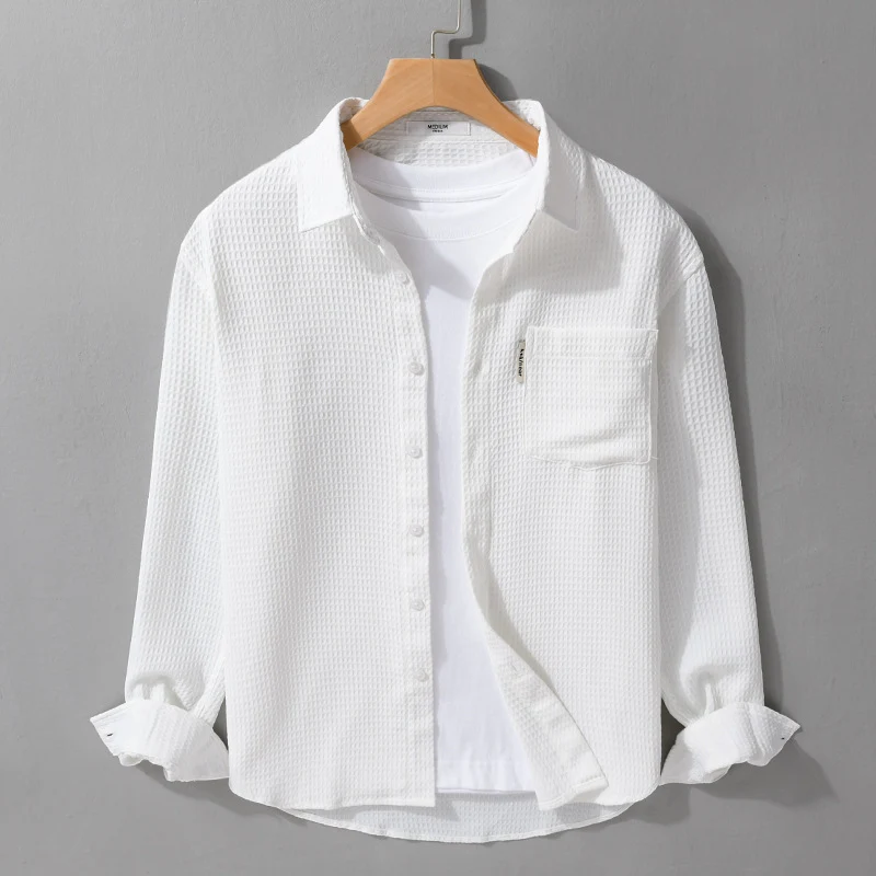 Herren Leichtes Waffelstruktur-Hemd aus Baumwollmix mit Overshirt-Schnitt und Brusttasche Drune