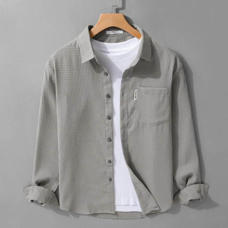 Herren Leichtes Waffelstruktur-Hemd aus Baumwollmix mit Overshirt-Schnitt und Brusttasche Drune