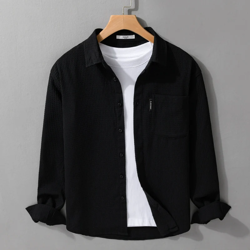 Herren Leichtes Waffelstruktur-Hemd aus Baumwollmix mit Overshirt-Schnitt und Brusttasche Drune