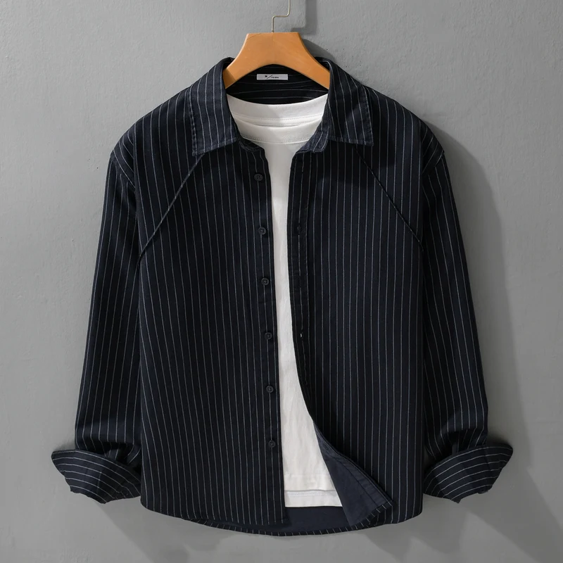Herren Leichtes Streifen‑Overshirt mit Kentkragen und Raglanärmeln Drune
