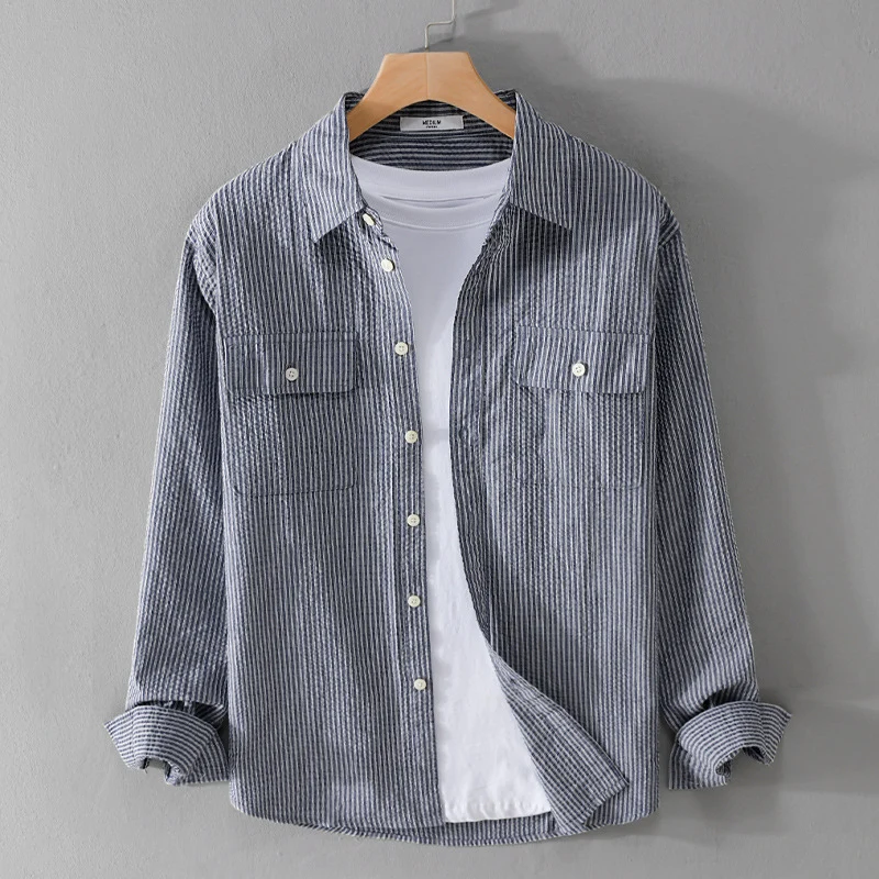 Herren Leichtes Overshirt im Nadelstreifen-Look aus Leinen‑Baumwollmix mit aufgesetzten Brusttaschen Drune
