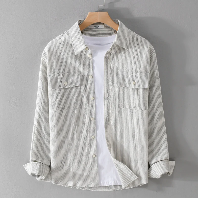 Herren Leichtes Overshirt im Nadelstreifen-Look aus Leinen‑Baumwollmix mit aufgesetzten Brusttaschen Drune