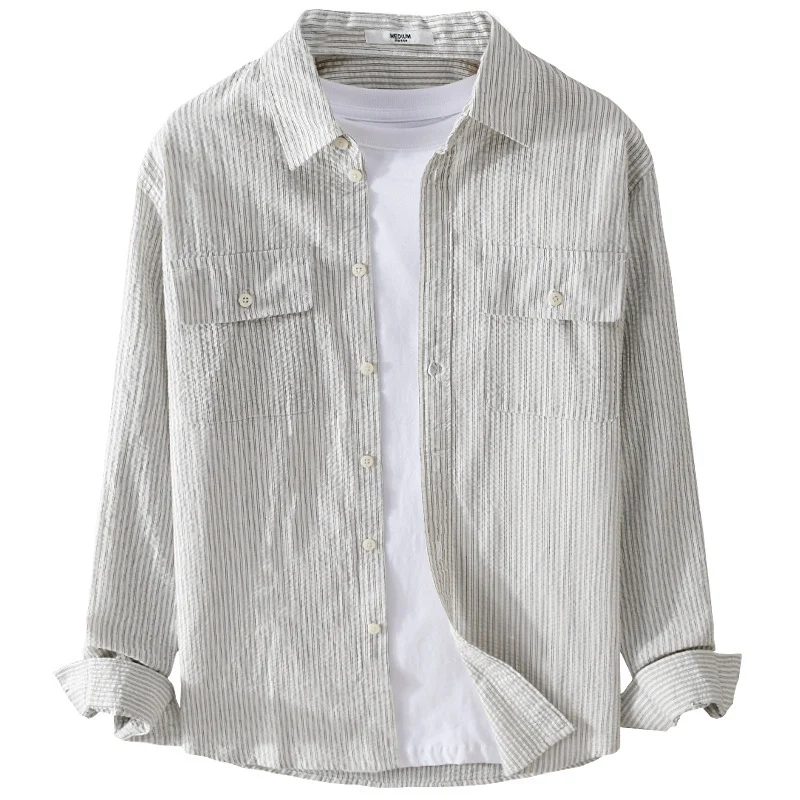 Herren Leichtes Overshirt im Nadelstreifen-Look aus Leinen‑Baumwollmix mit aufgesetzten Brusttaschen Drune