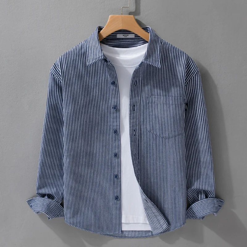 Herren Leichtes Nadelstreifen-Hemd im Layering-Overshirt-Stil mit Kentkragen und aufgesetzter Brusttasche Drune