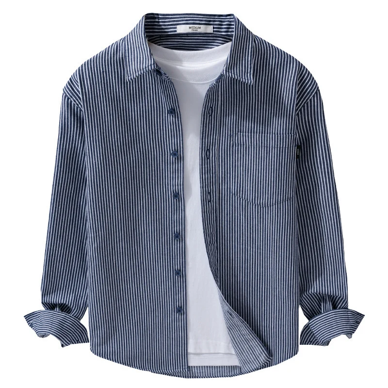 Herren Leichtes Nadelstreifen-Hemd im Layering-Overshirt-Stil mit Kentkragen und aufgesetzter Brusttasche Drune