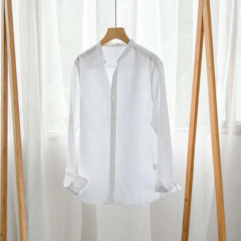 Herren Leichtes Leinenmix-Stehkragenhemd im Relaxed-Fit mit durchgehender Knopfleiste Drune