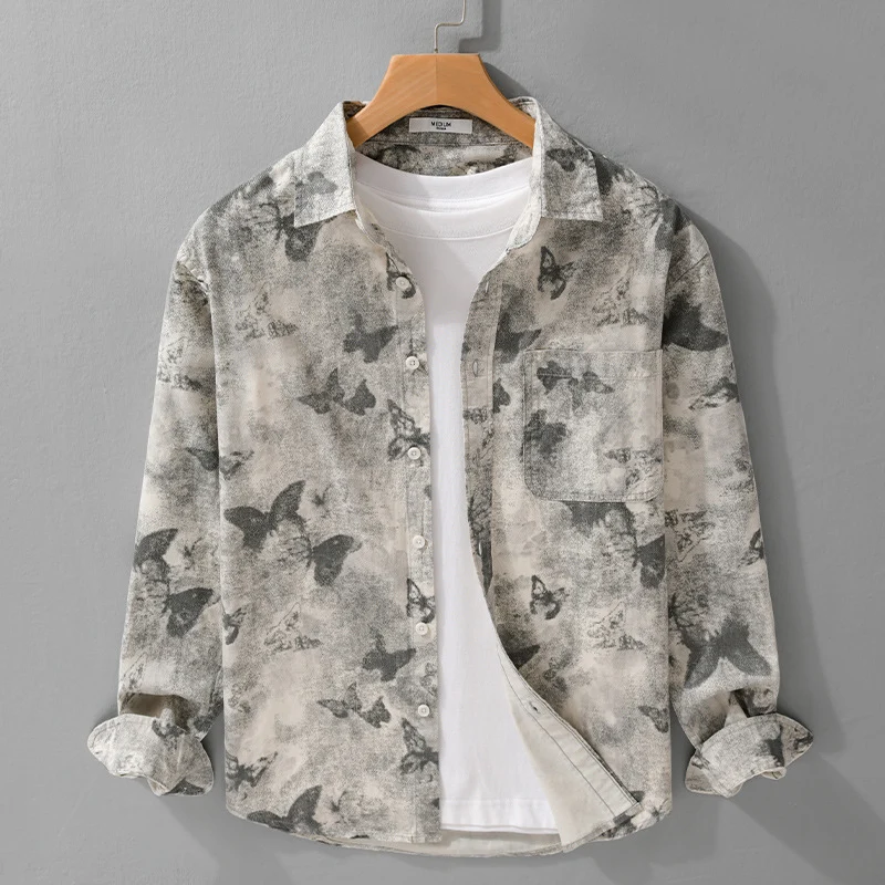 Herren Leichtes Leinenmix-Hemd mit Aquarell-Schmetterlingsprint und Brusttasche Drune