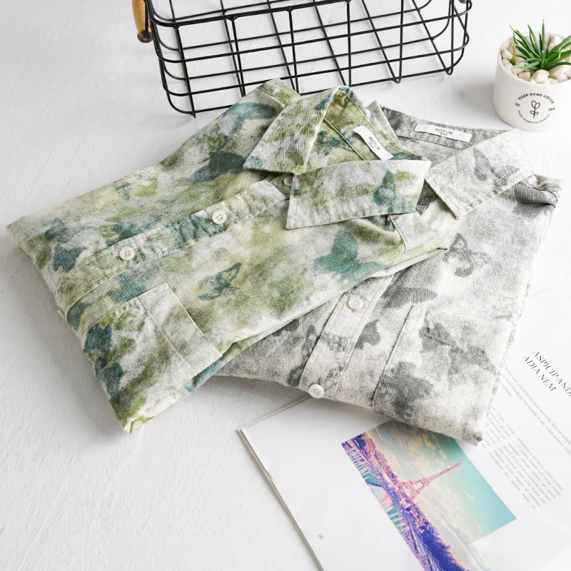 Herren Leichtes Leinenmix-Hemd mit Aquarell-Schmetterlingsprint und Brusttasche Drune