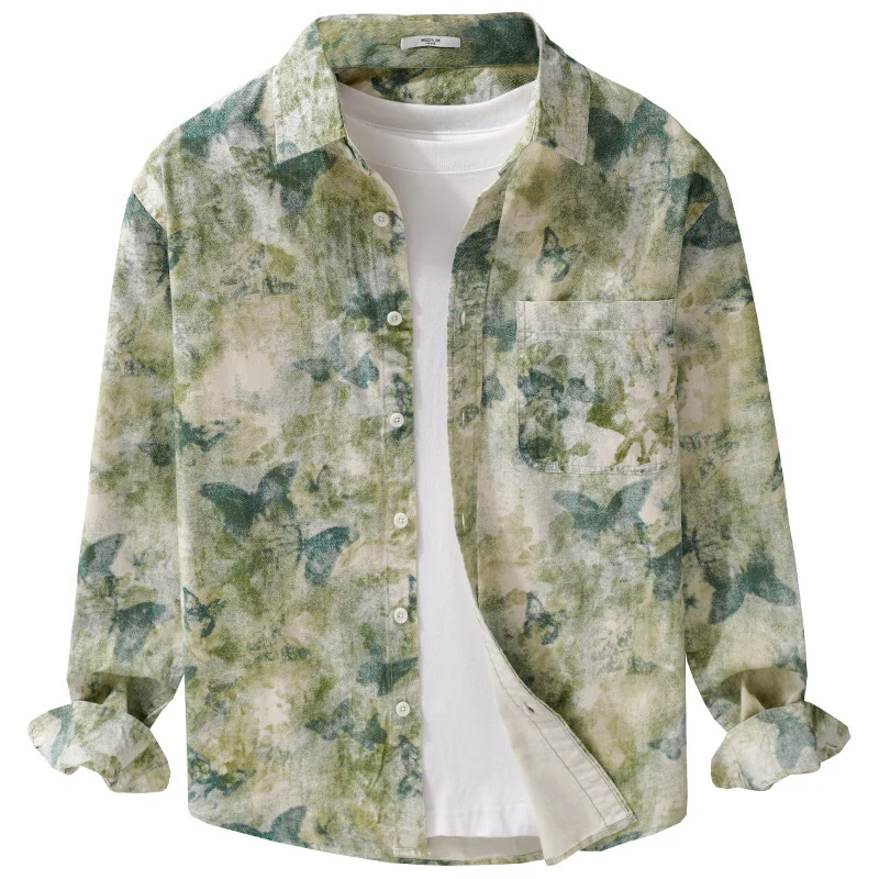 Herren Leichtes Leinenmix-Hemd mit Aquarell-Schmetterlingsprint und Brusttasche Drune