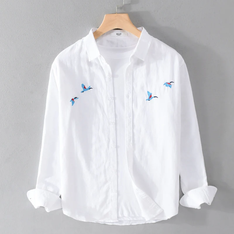 Herren Leichtes Leinenhemd mit feiner Vogelstickerei und Relaxed Fit Drune