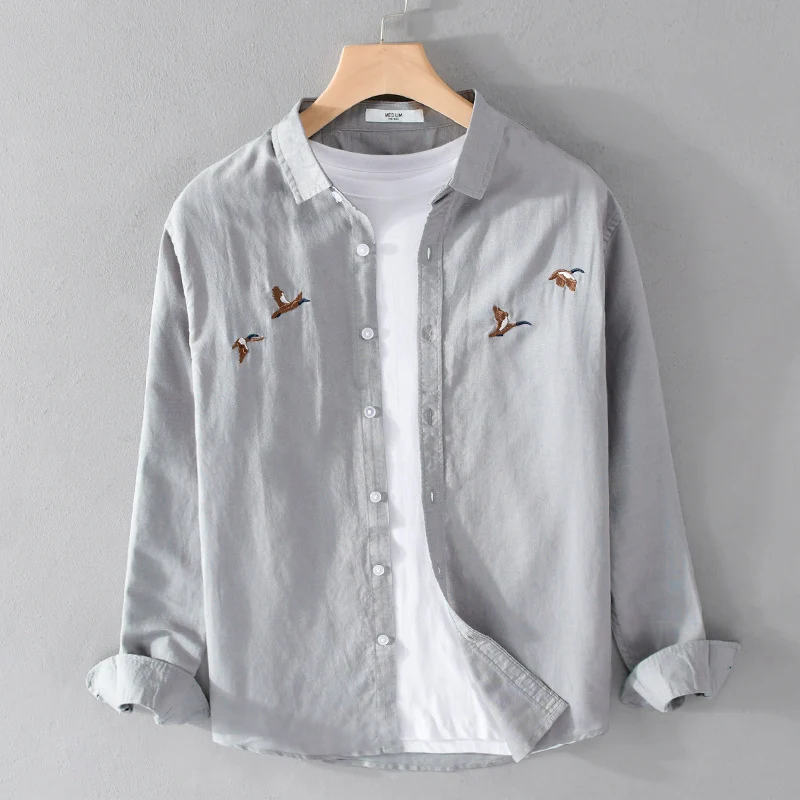 Herren Leichtes Leinenhemd mit feiner Vogelstickerei und Relaxed Fit Drune