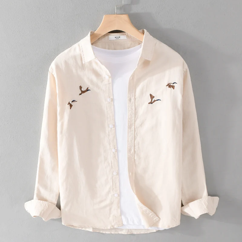Herren Leichtes Leinenhemd mit feiner Vogelstickerei und Relaxed Fit Drune