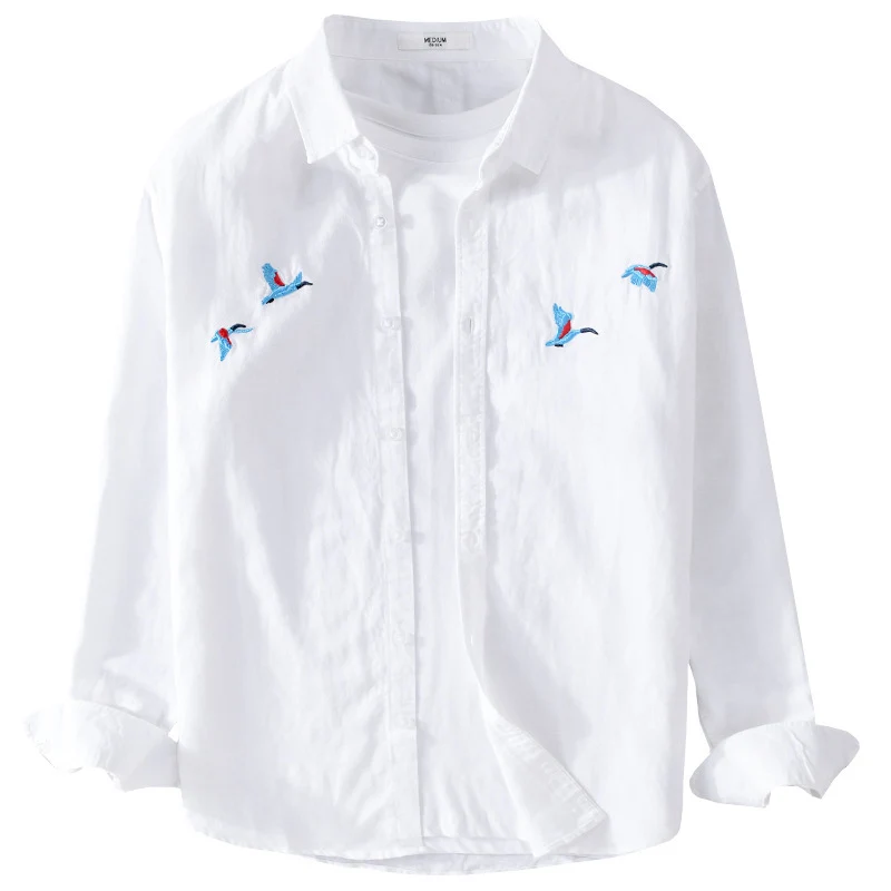 Herren Leichtes Leinenhemd mit feiner Vogelstickerei und Relaxed Fit Drune