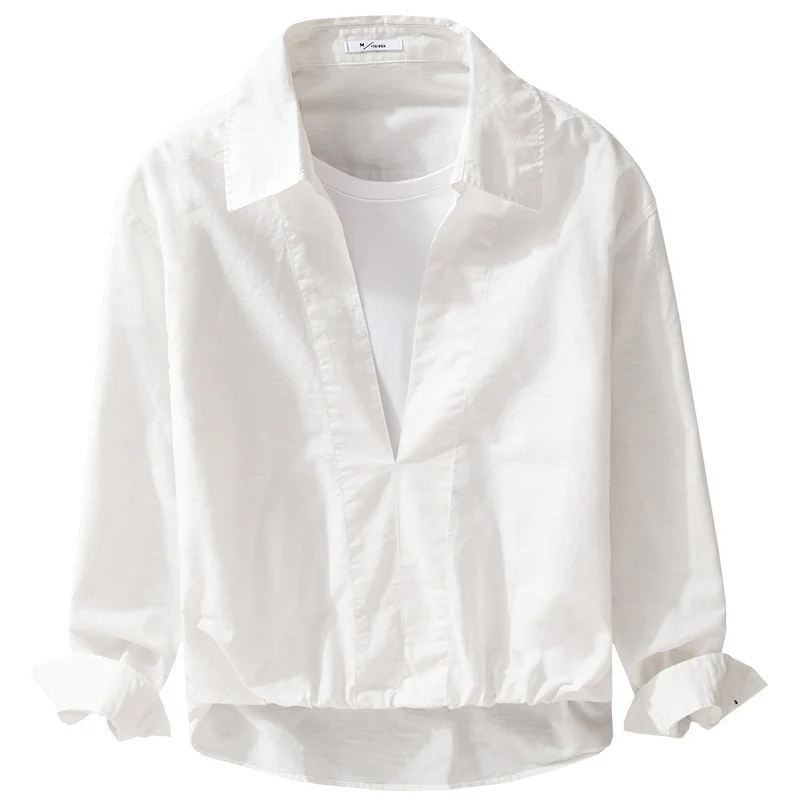 Herren Leichtes Leinen-Overshirt mit V-Ausschnitt, Hemdkragen und elastischem Saum Drune