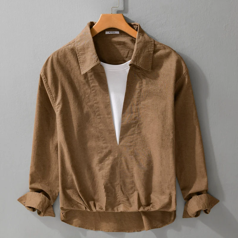 Herren Leichtes Leinen-Overshirt mit V-Ausschnitt, Hemdkragen und elastischem Saum Drune
