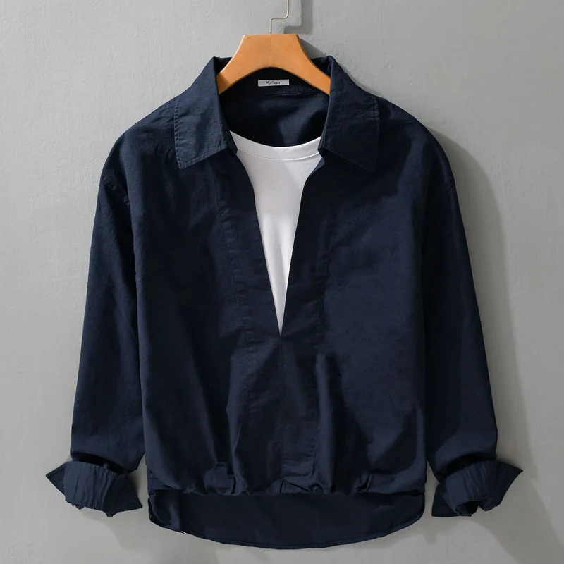 Herren Leichtes Leinen-Overshirt mit V-Ausschnitt, Hemdkragen und elastischem Saum Drune