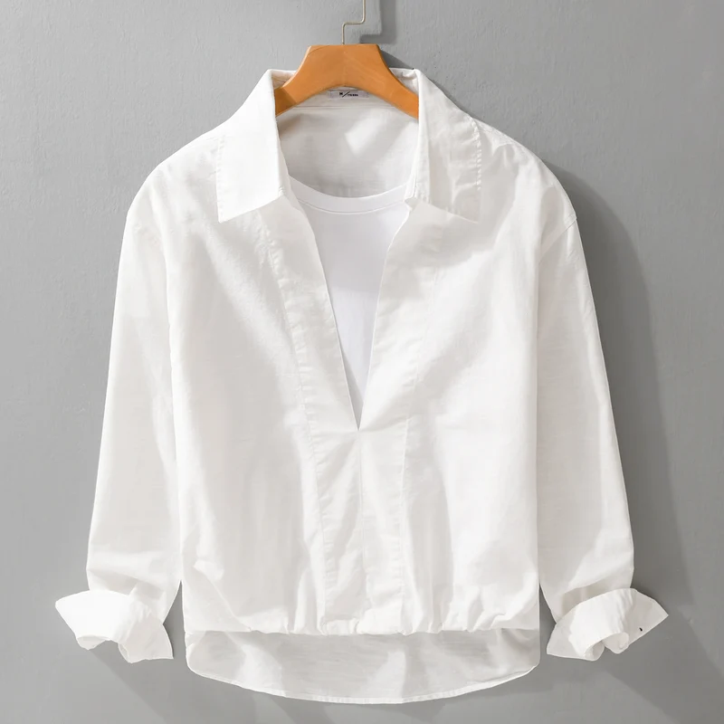 Herren Leichtes Leinen-Overshirt mit V-Ausschnitt, Hemdkragen und elastischem Saum Drune