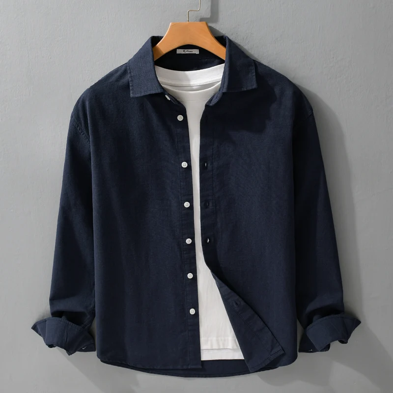 Herren Leichtes Leinen-Baumwoll-Overshirt mit Kentkragen, Relaxed‑Fit und durchgehender Knopfleiste Drune