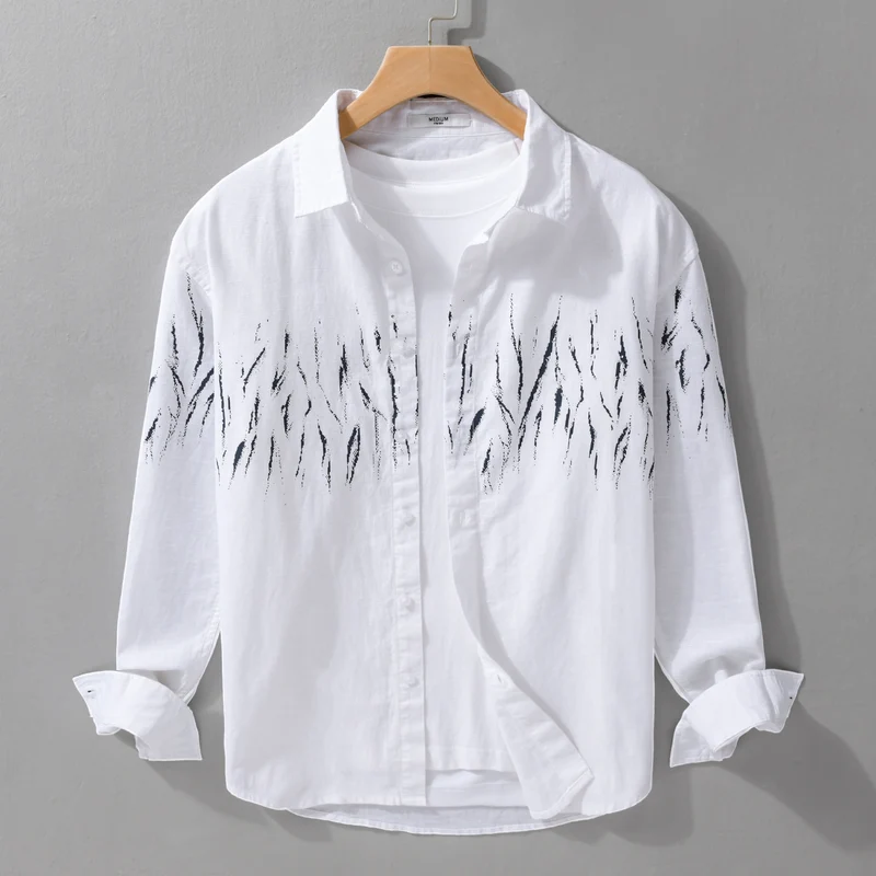 Herren Leichtes Leinen-Baumwoll-Hemd mit abstraktem Pinselprint und Relaxed-Fit Drune