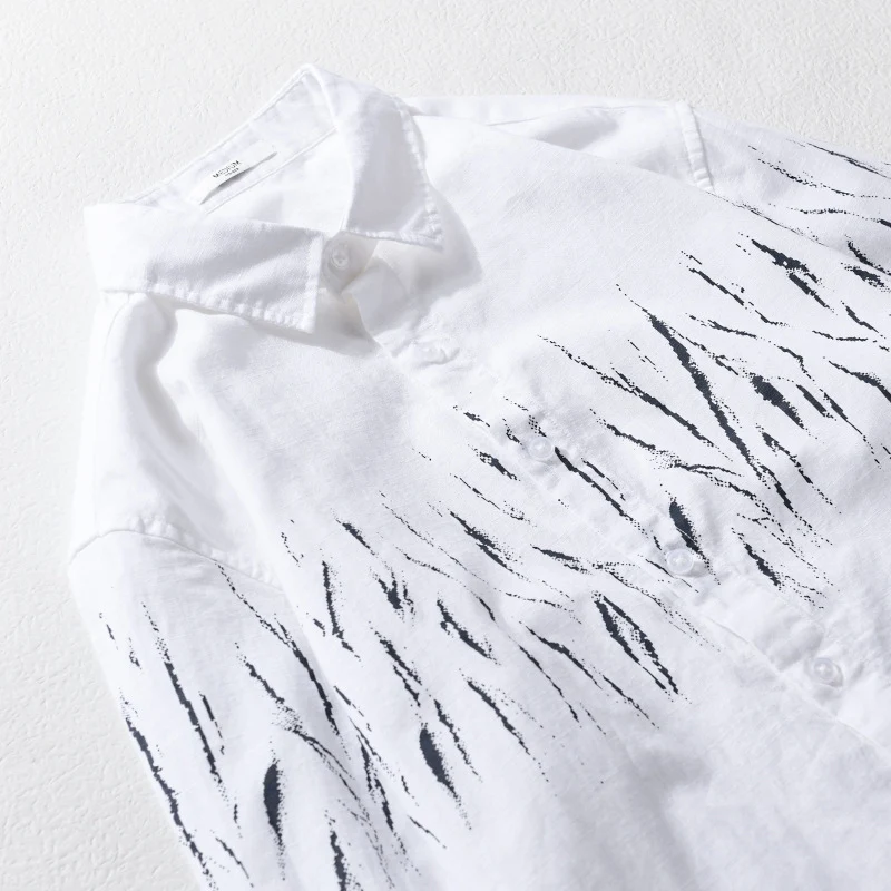 Herren Leichtes Leinen-Baumwoll-Hemd mit abstraktem Pinselprint und Relaxed-Fit Drune