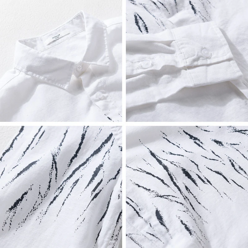 Herren Leichtes Leinen-Baumwoll-Hemd mit abstraktem Pinselprint und Relaxed-Fit Drune
