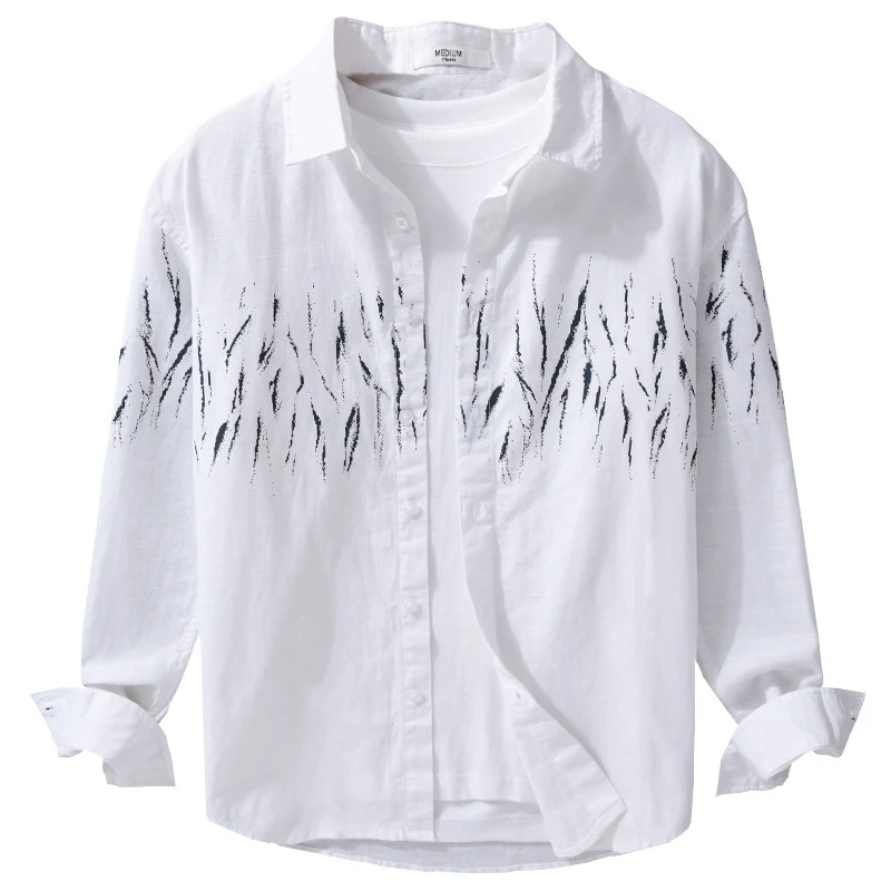 Herren Leichtes Leinen-Baumwoll-Hemd mit abstraktem Pinselprint und Relaxed-Fit Drune