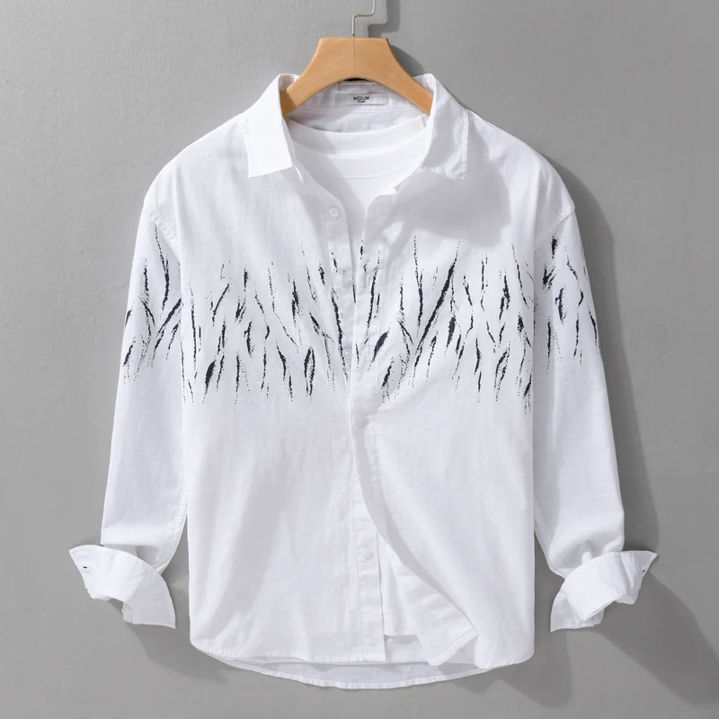 Herren Leichtes Leinen-Baumwoll-Hemd mit abstraktem Pinselprint und Relaxed-Fit Drune