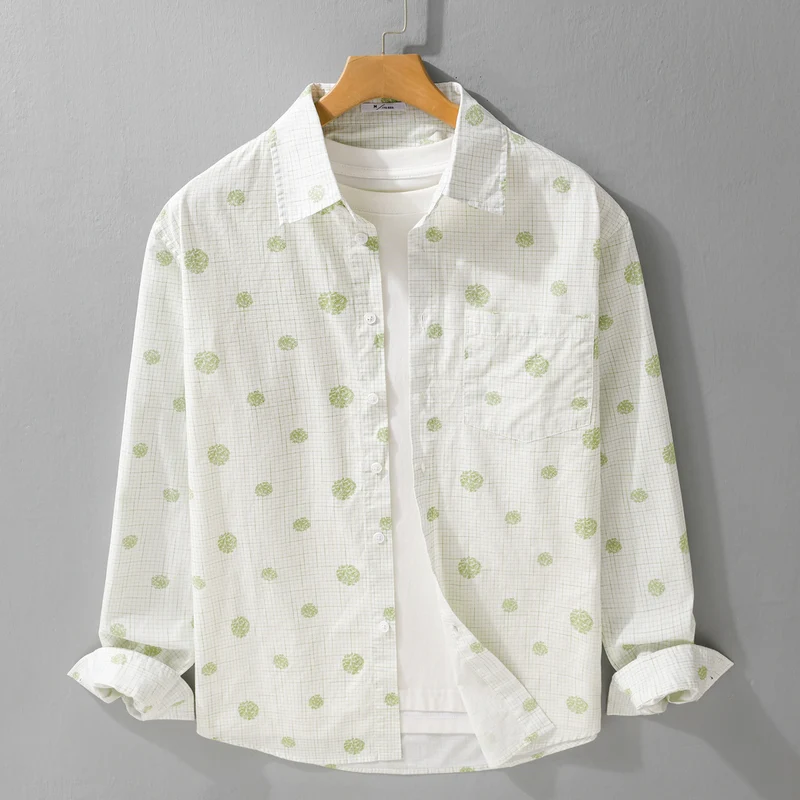 Herren leichtes Langarm-Overshirt im Hemdjacken-Stil mit feinem Karodessin und floralem Allover Drune