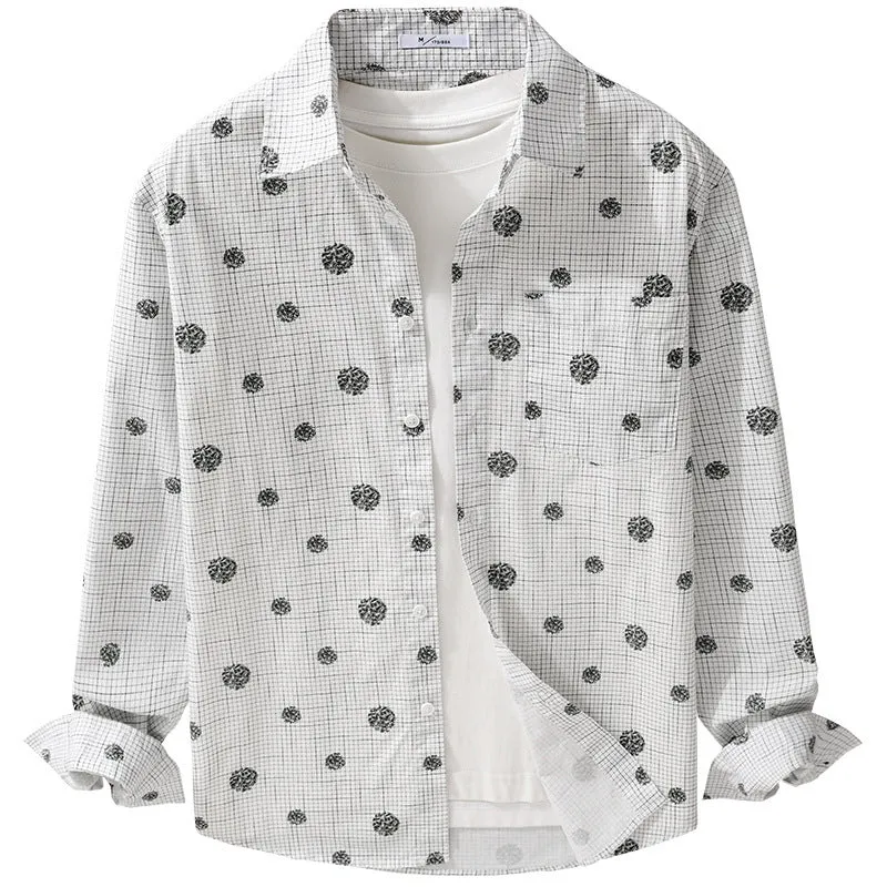 Herren leichtes Langarm-Overshirt im Hemdjacken-Stil mit feinem Karodessin und floralem Allover Drune