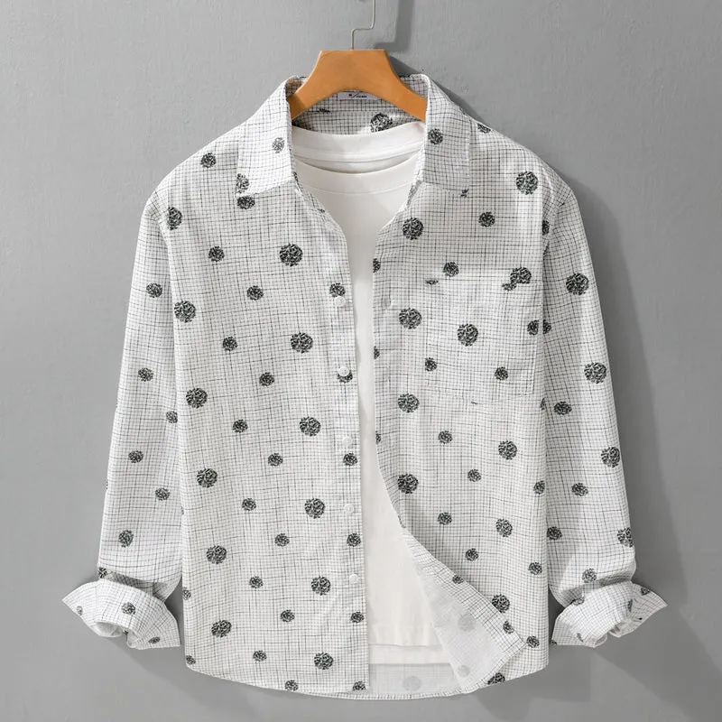 Herren leichtes Langarm-Overshirt im Hemdjacken-Stil mit feinem Karodessin und floralem Allover Drune