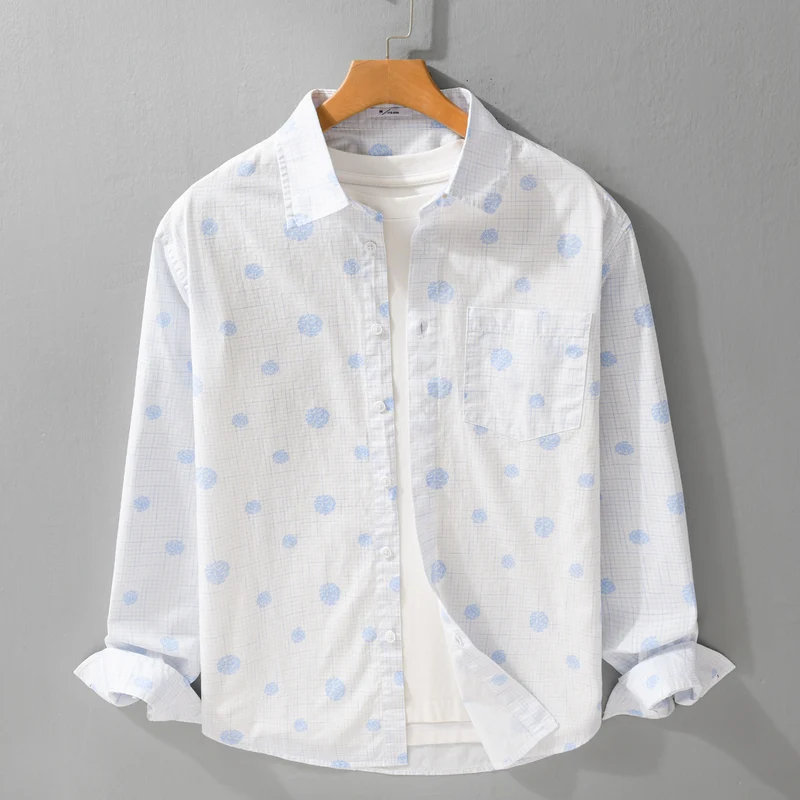 Herren leichtes Langarm-Overshirt im Hemdjacken-Stil mit feinem Karodessin und floralem Allover Drune