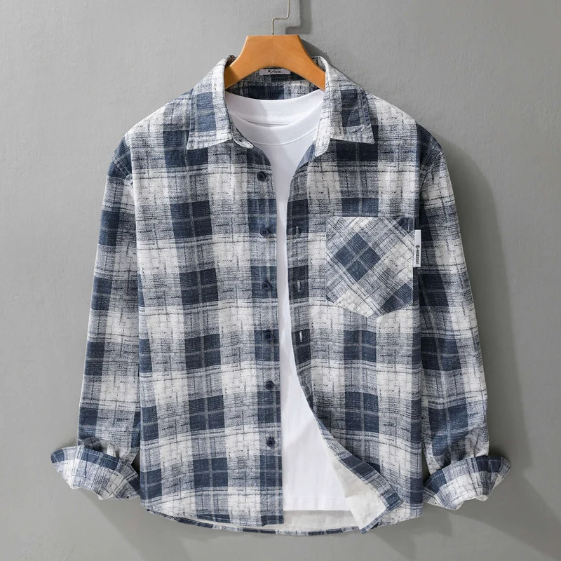 Herren Leichtes kariertes Layering-Overshirt aus Baumwoll‑Leinenmix mit diagonalem Brustpatch Drune