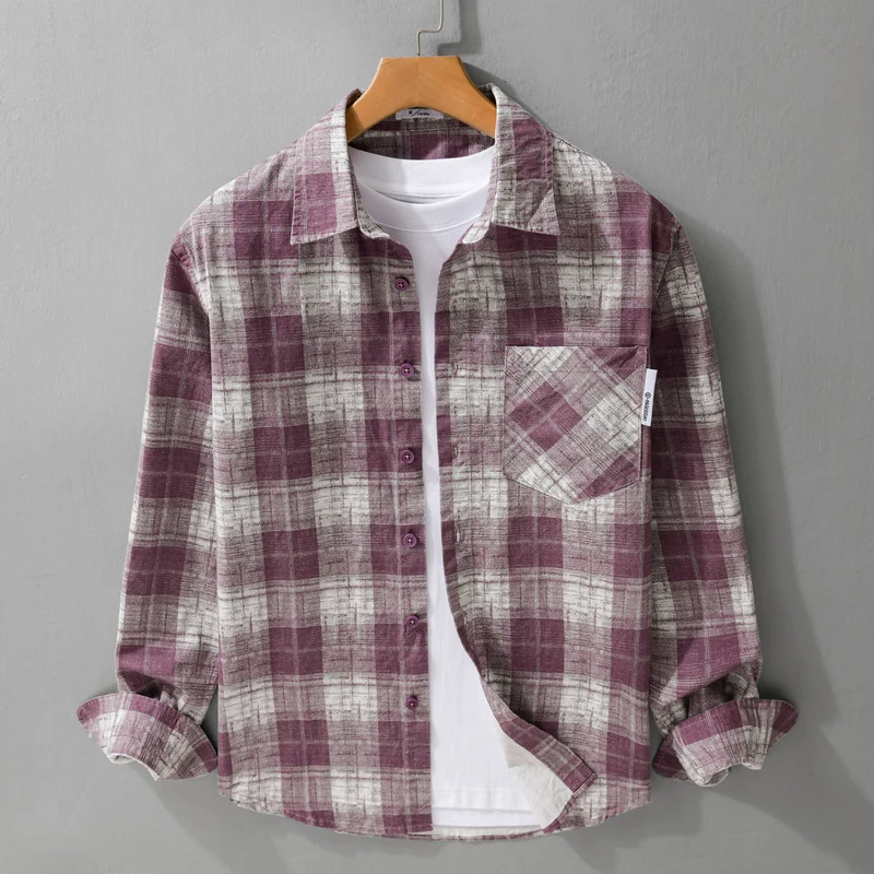 Herren Leichtes kariertes Layering-Overshirt aus Baumwoll‑Leinenmix mit diagonalem Brustpatch Drune