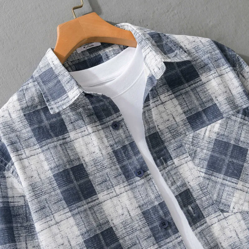 Herren Leichtes kariertes Layering-Overshirt aus Baumwoll‑Leinenmix mit diagonalem Brustpatch Drune