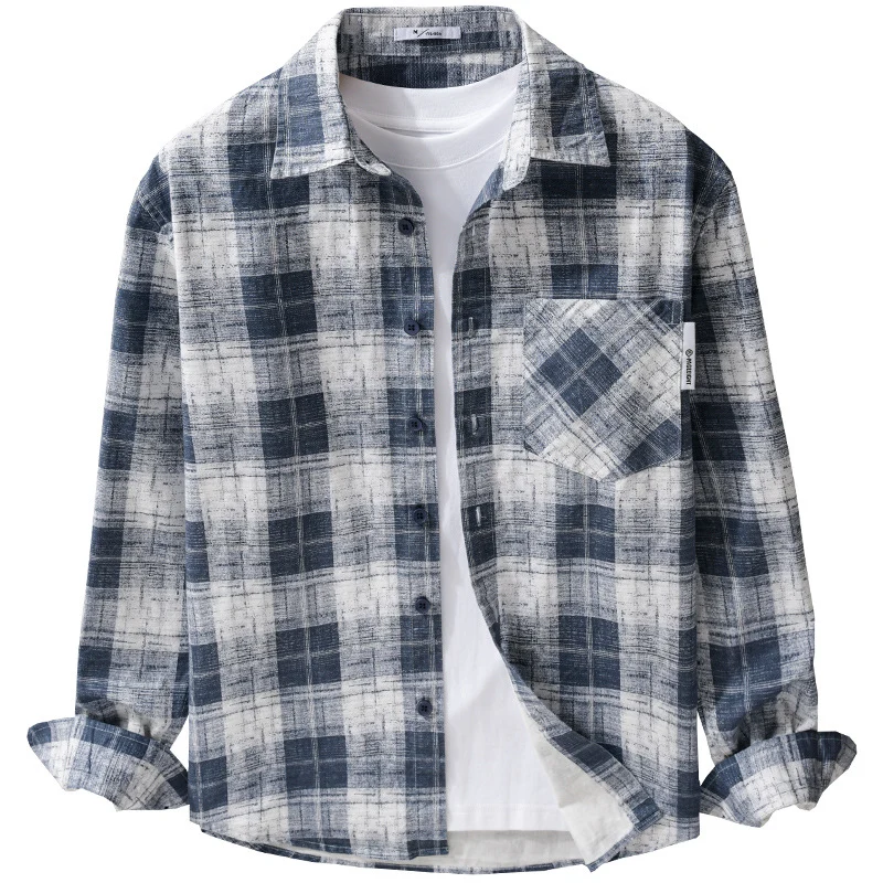Herren Leichtes kariertes Layering-Overshirt aus Baumwoll‑Leinenmix mit diagonalem Brustpatch Drune