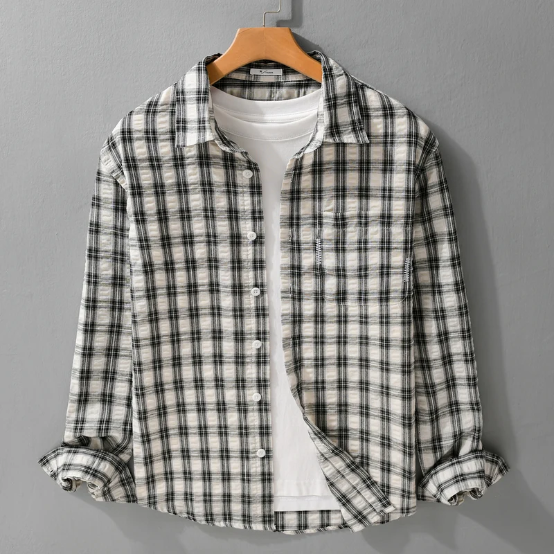 Herren Leichtes kariertes Baumwoll-Overshirt mit Soft-Crinkle‑Struktur, Brusttasche und Relaxed‑Fit Drune