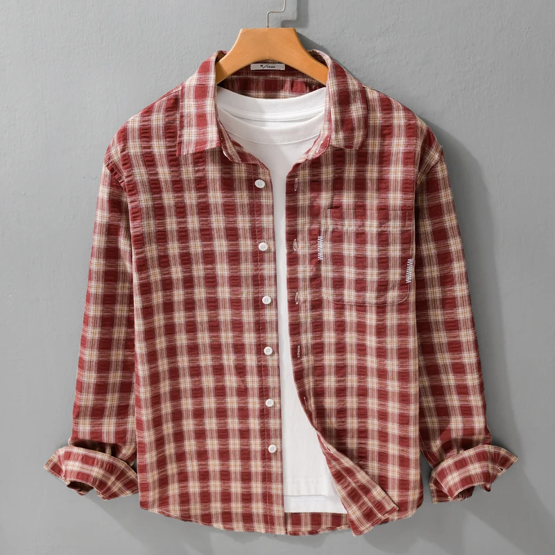 Herren Leichtes kariertes Baumwoll-Overshirt mit Soft-Crinkle‑Struktur, Brusttasche und Relaxed‑Fit Drune