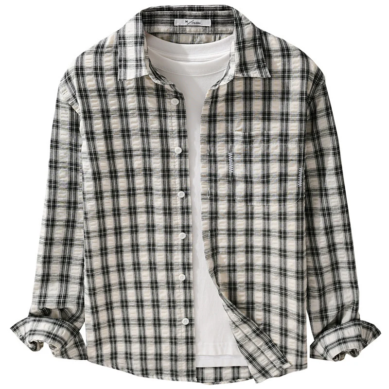 Herren Leichtes kariertes Baumwoll-Overshirt mit Soft-Crinkle‑Struktur, Brusttasche und Relaxed‑Fit Drune